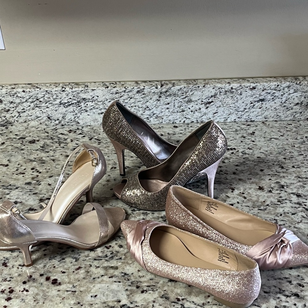 Rose Gold High Heels, Pumps with Open Toe & Comfy Flats